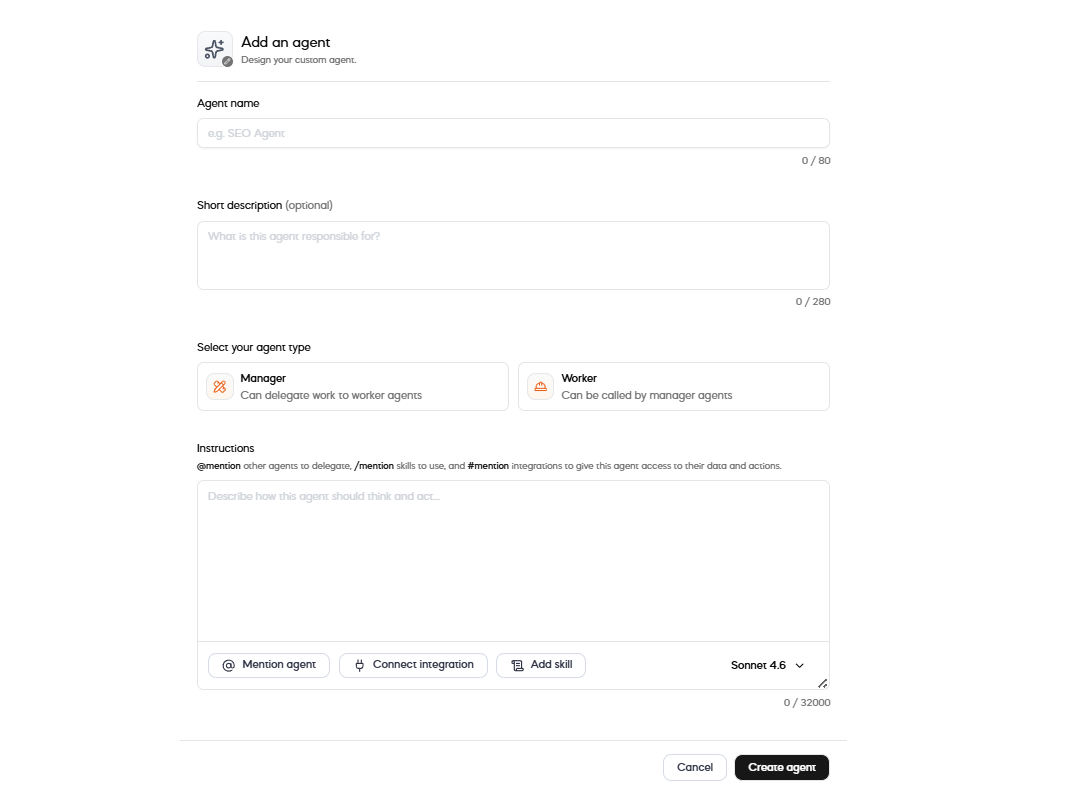 REMI agent creation interface with manager and worker types, instructions, integrations, skills, and model selection