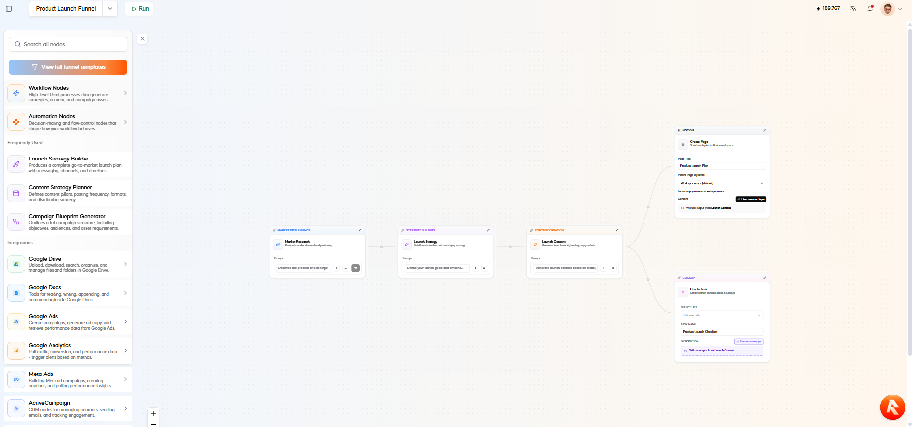 REMI workflow canvas connecting market research, launch strategy, content, Notion, and ClickUp nodes