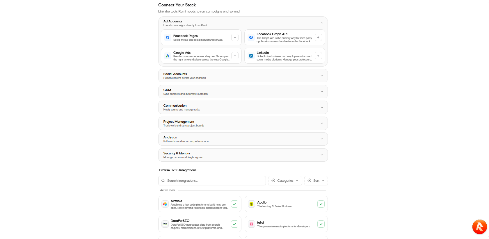 REMI integrations interface showing business system categories and connected Airtable, Apollo, DataForSEO, and media tools