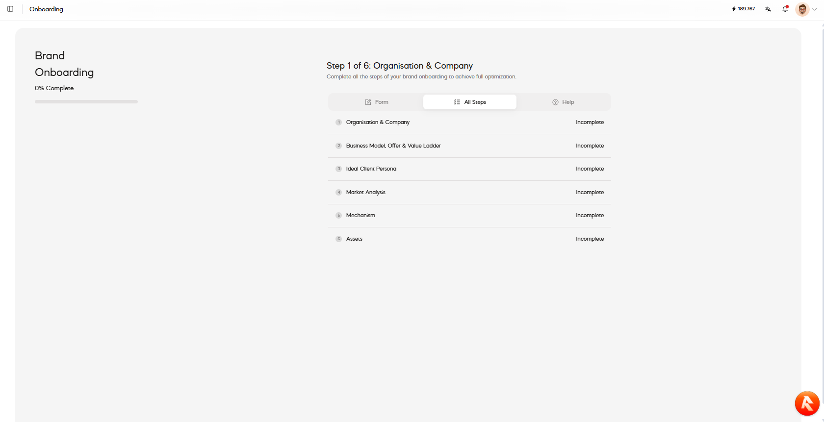REMI brand onboarding showing six structured company and market context stages