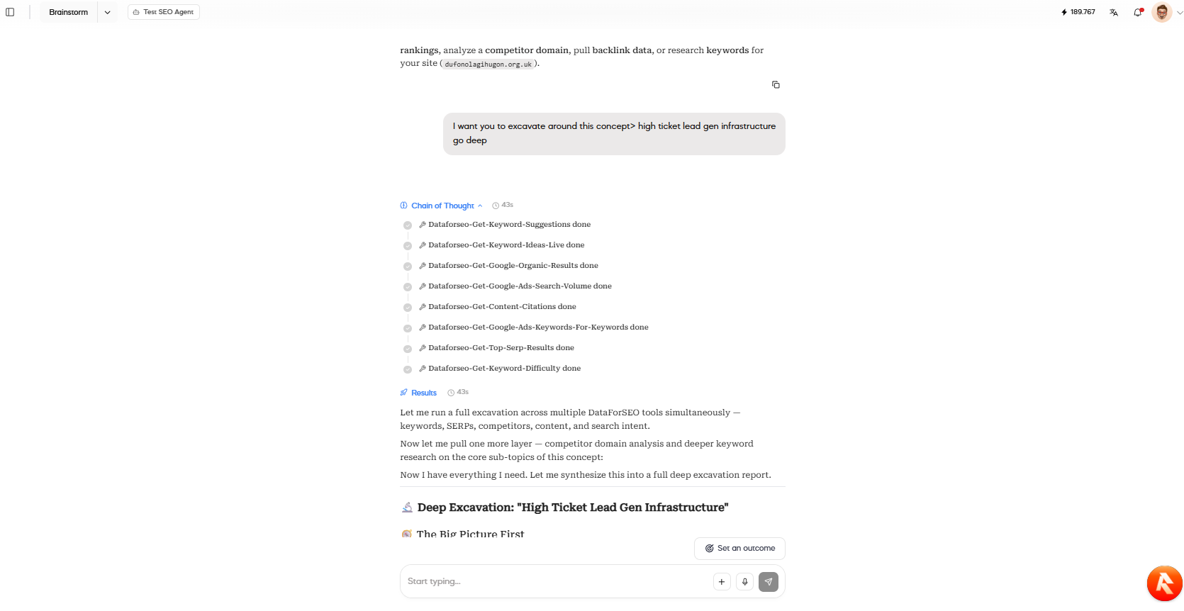 SEO research agent execution trace showing eight completed DataForSEO tool calls and a 43 second runtime