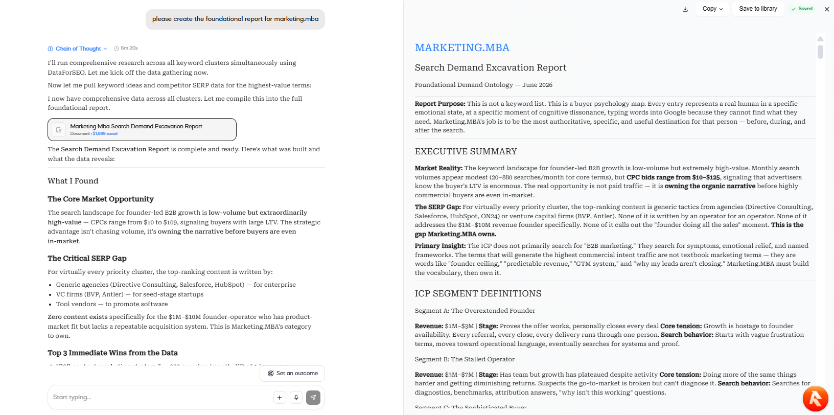 SEO agent session with a persistent Marketing.MBA Search Demand Excavation Report artifact