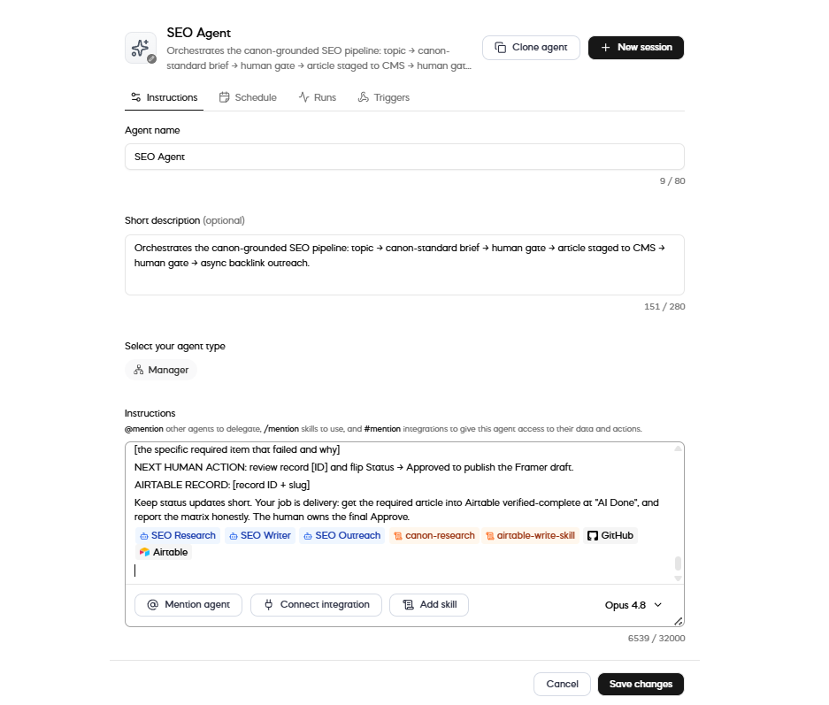 Configured SEO manager agent with research, writing, and outreach specialists, skills, GitHub, Airtable, and a human approval instruction