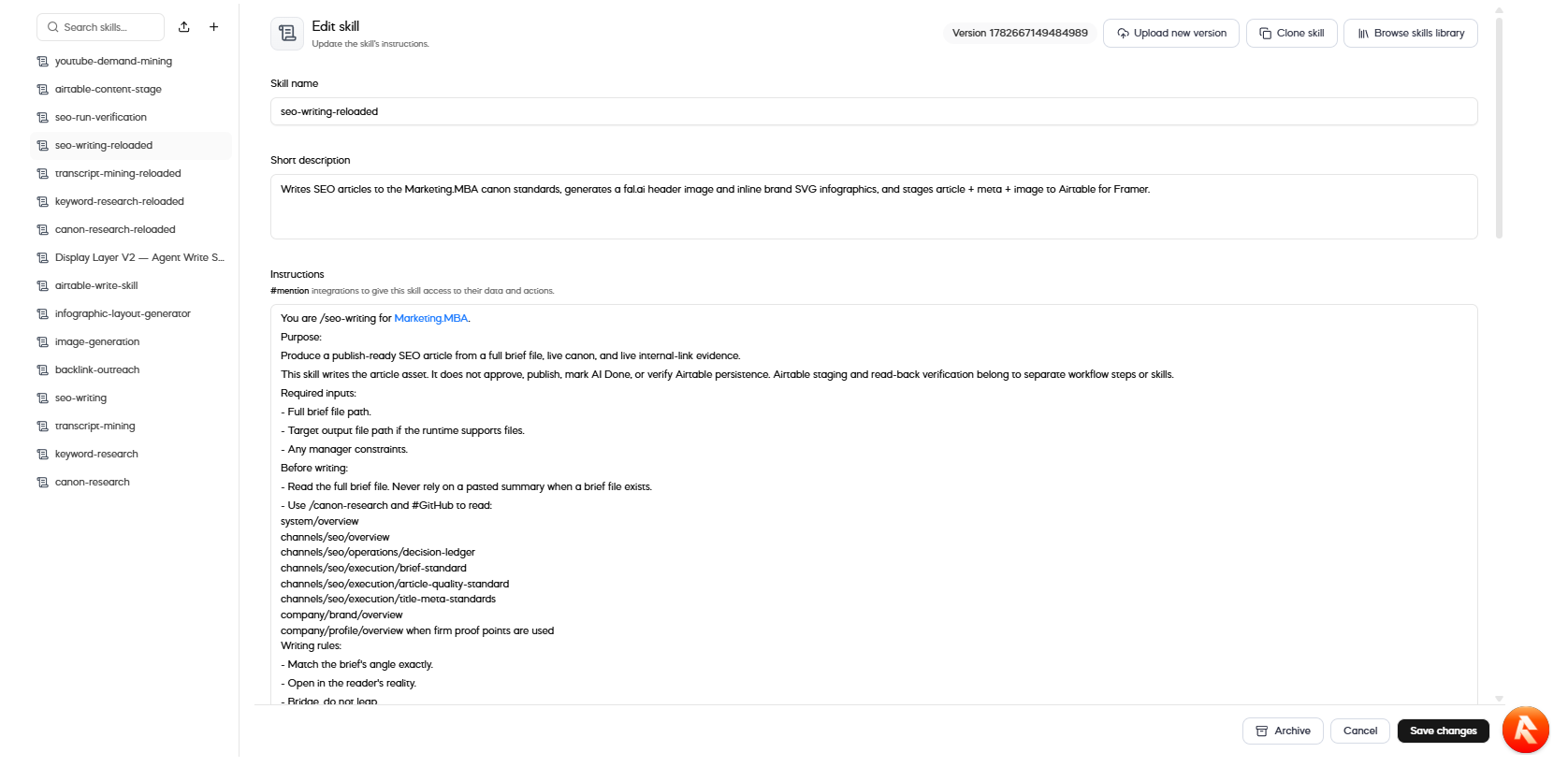 Versioned SEO writing skill with explicit instructions, canonical sources, and boundaries around approval and publication
